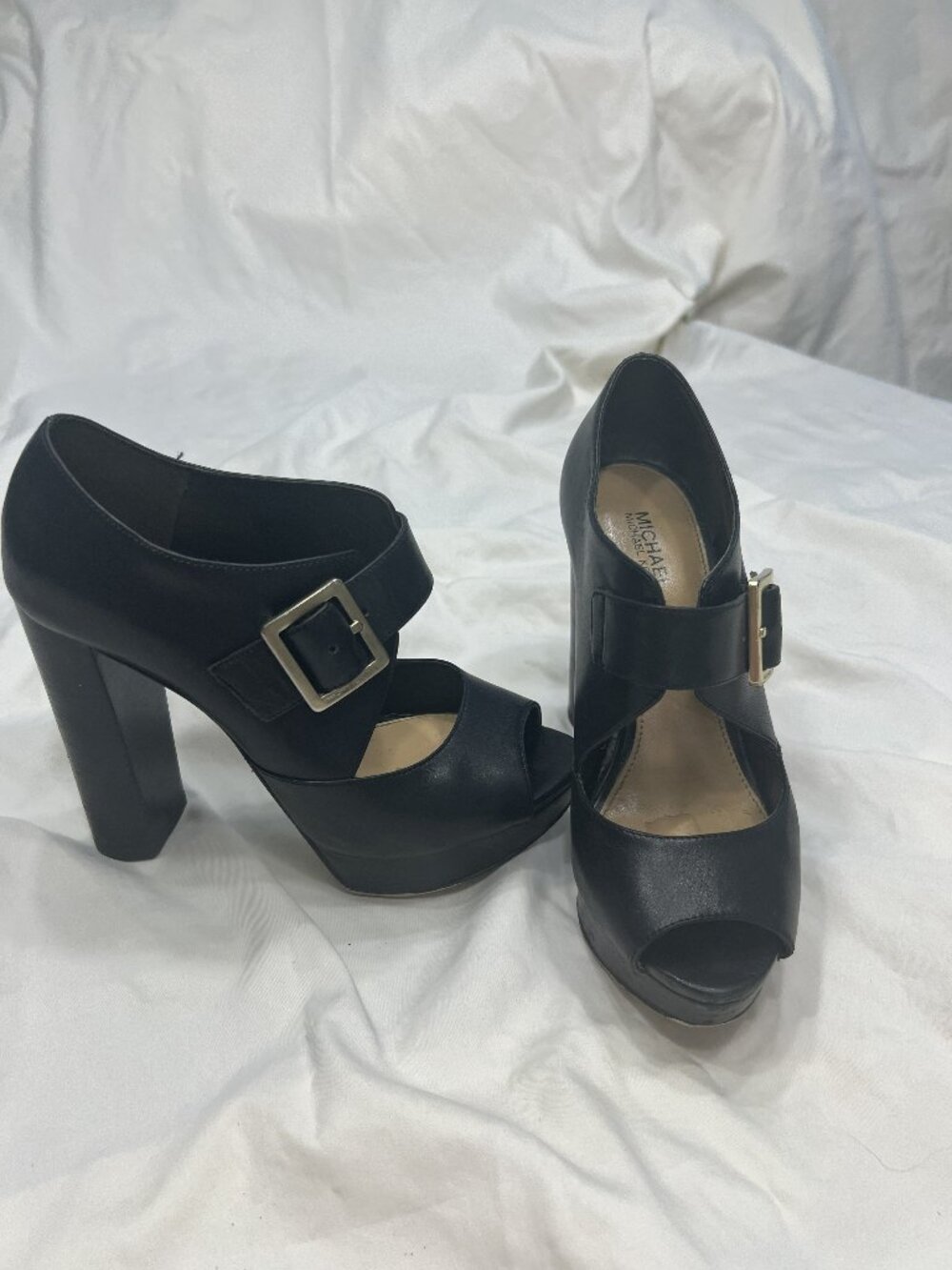 Michael Kors Black Leather Peep Toe Platform Heels Size 5